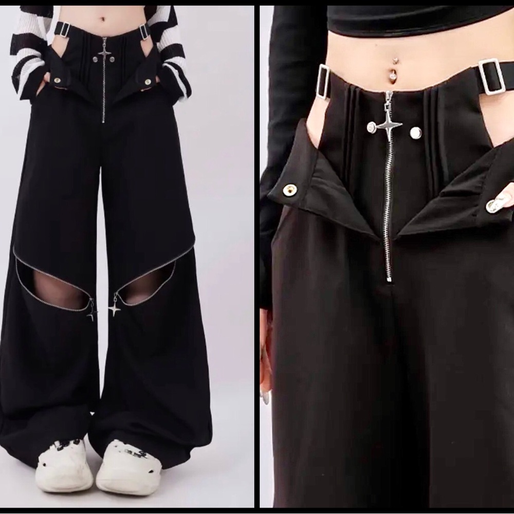 Baggy Streetwear Hip Cut-out Wide Leg Zipper Pants